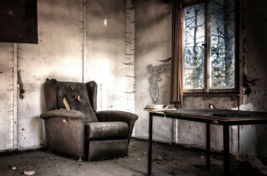 black, suede armchair, clear, glass window, lost places, room, chair, leave, gloomy, dark