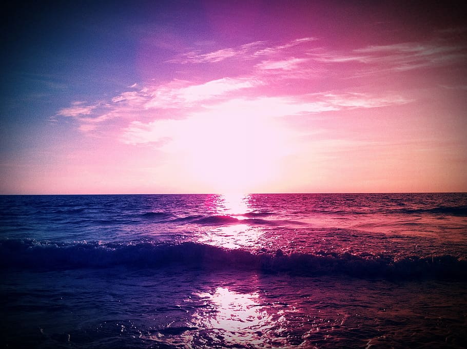 sunset, dawn, cancun, the light of the sun, sun, horizon, clouds, rosa, blue, ocean