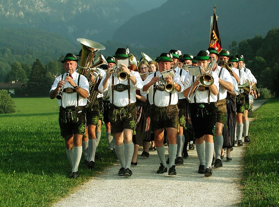 marching, band, playing, music instruments, Folk Music, Customs, Group Of People, costume, bavaria, tradition