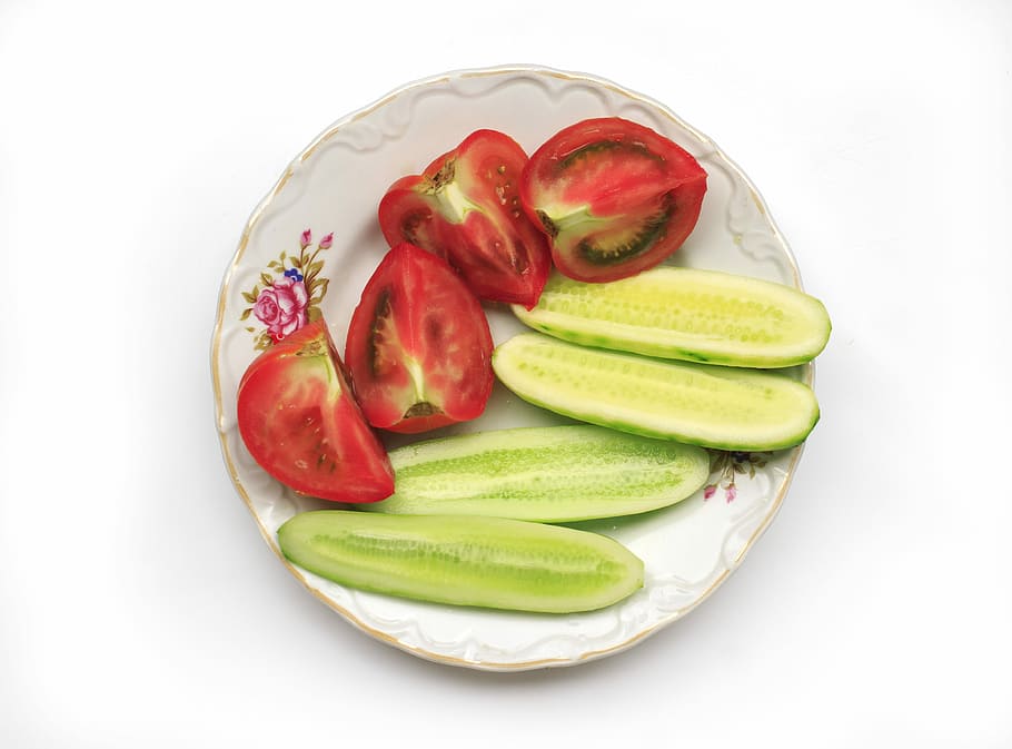 トマト, キュウリ, 野菜, 緑, ビタミン, 赤, ランチ, 栄養, プレート, 健康