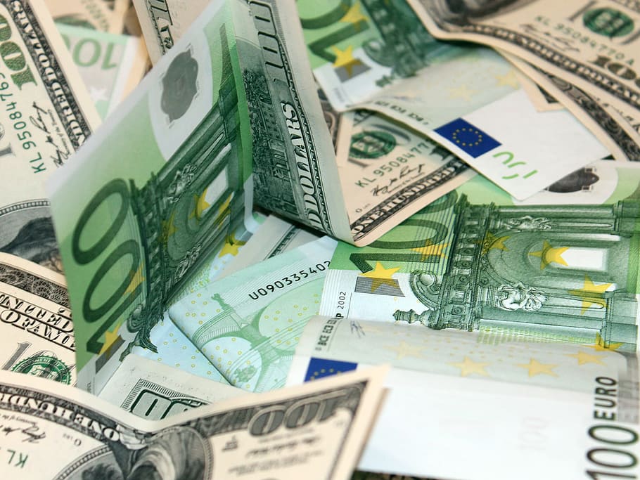 100 euros, lote de dólares, euros, dólares, dinero, efectivo, facturas, moneda, papel moneda, finanzas