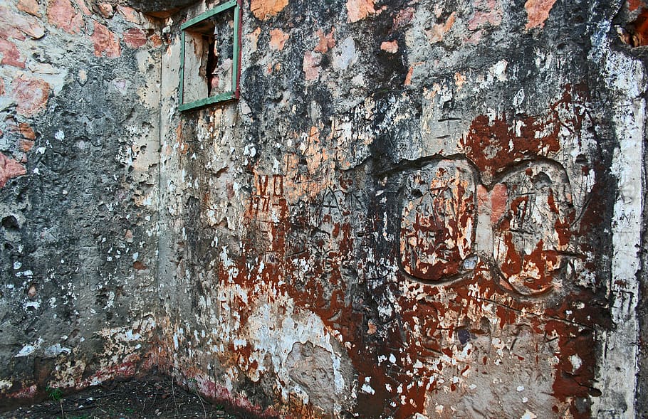 antiguo fuerte muro, pared, antiguo, fuerte, ruinas, manchado, grunge, graffiti, remanente, gris