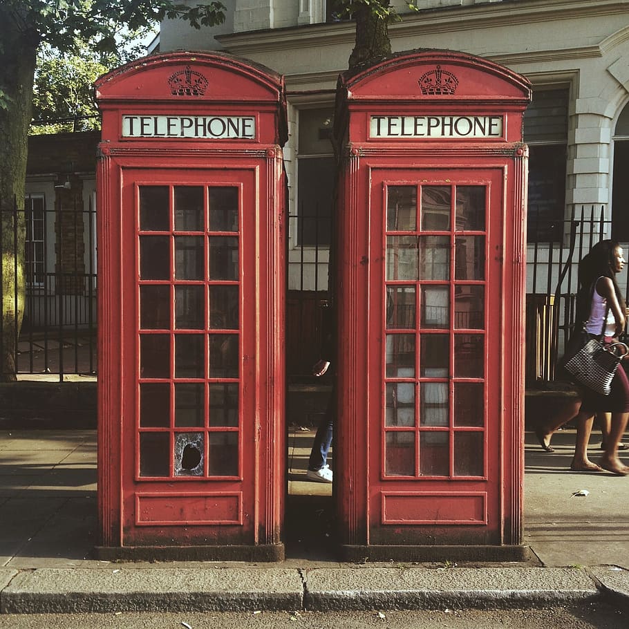 dois, vermelho, caixa de telefone, telefone, urbanas, ruas, londres, arco, inglaterra, britânico