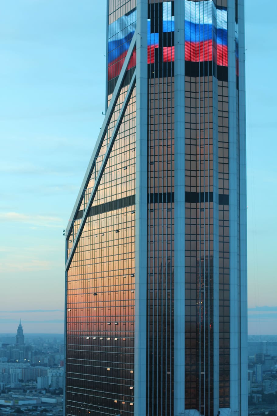 russia, moscow, new city, skyscrapers, skyline, glass facade, flag, built structure, architecture, building exterior
