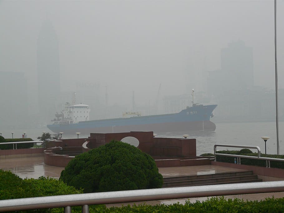 アジア, 中国, 上海, スモッグ, 大気汚染, 建築, 船, 川, 霧, 構築された構造