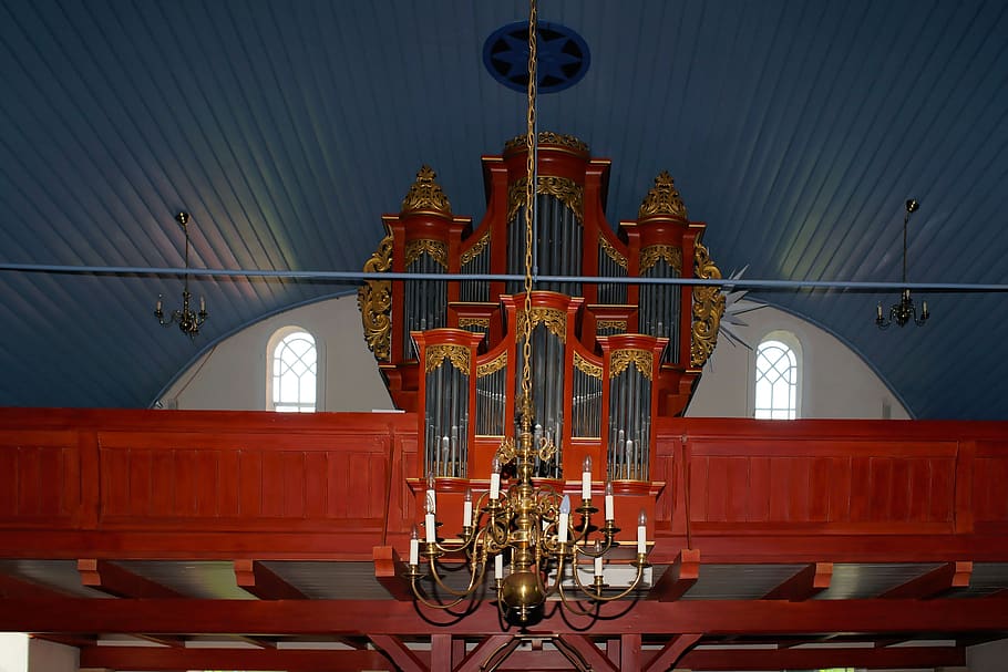 gereja, organ, peluit organ, musik, organ gereja, instrumen keyboard, emas, logam, megah, kapel