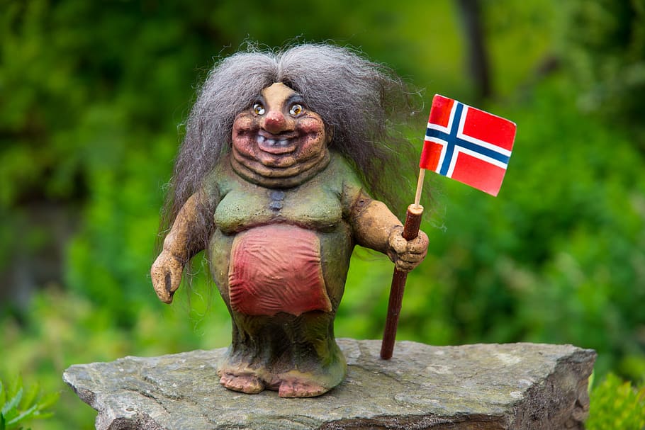 penyihir, memegang, merah, hitam, bendera figurine, norge, norwegia, norwegian, norse, hari nasional