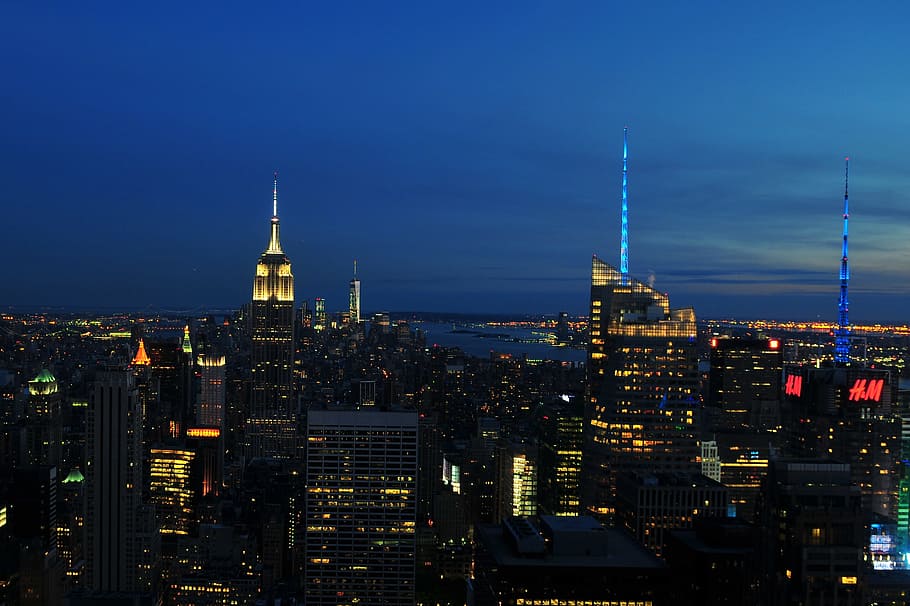 foto udara, fotografi, lampu, kota, malam hari, kota new york, manhattan, malam, kaki langit, bangunan
