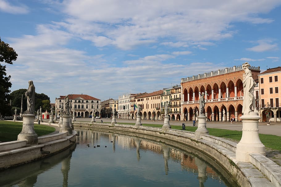 padova, italy, sculptures, source, built structure, architecture, building exterior, water, sky, reflection