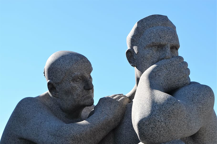 two man statue, statues, sculpture, oslo, vigeland, park, norway, fogner, blue sky, sadness