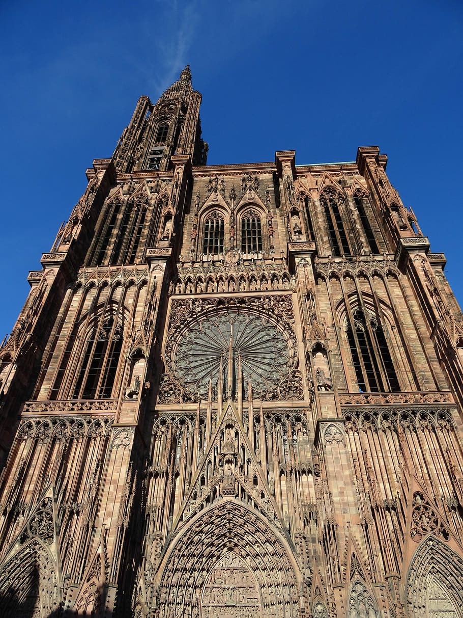 Katedral, Strasbourg, Alsace, Prancis, abad pertengahan, gothic, batu pasir, pink, rosette, kaca patri