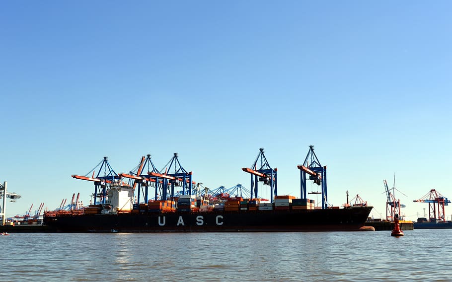 black, uasc cargo ship, body, water, Hamburg, Port, Elbe, Ship, hamburg port, crane