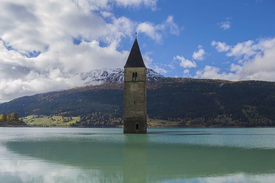 lake, steeple, south tyrol, clock tower, sunken church, reschen pass, sky, water, tower, architecture