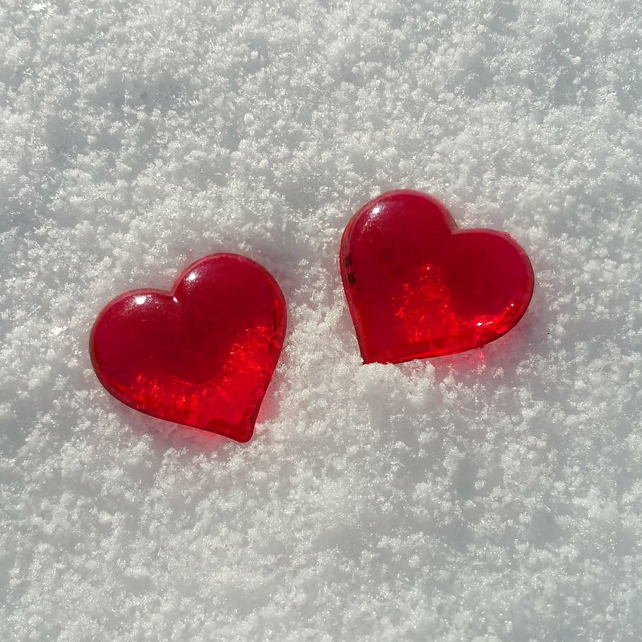 two, red, heart decors, valentine's day, heart, snow, love, background image, heart Shape, valentine's Day - Holiday