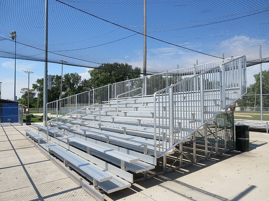 gray, metal chairs, daytime, bleachers, sports, stadium, football, baseball, game, arena