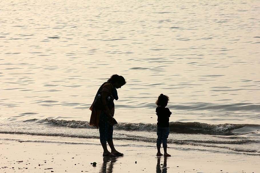 silhouette, man, girl, standing, seashore, mother, daughter, parenting, beach, coast