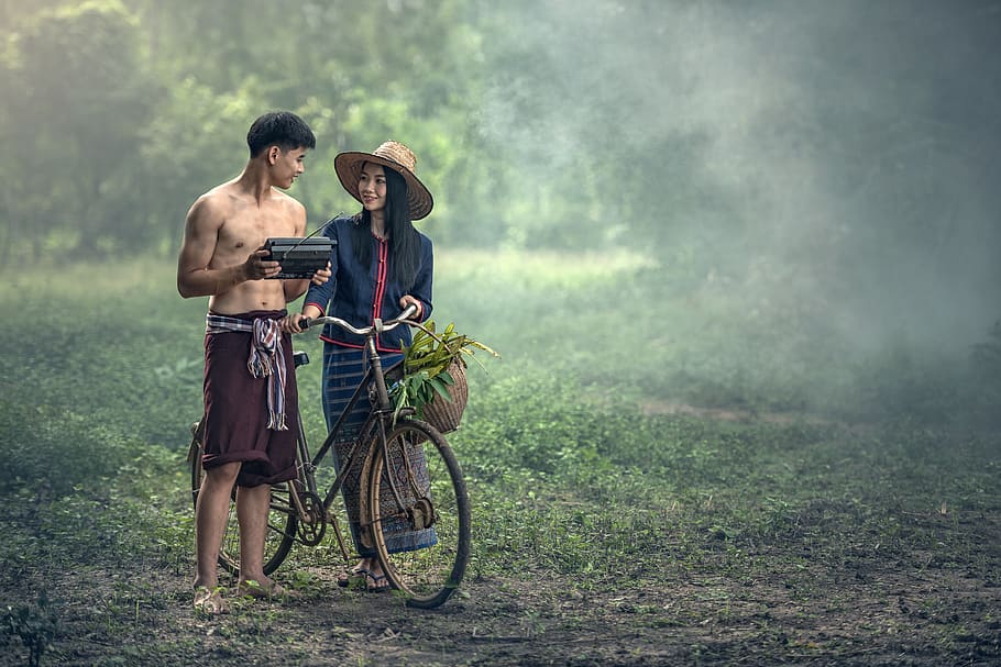 adult, agriculture, bicycle, asia, basket, beautiful, cambodia, pair, cultivating, culture