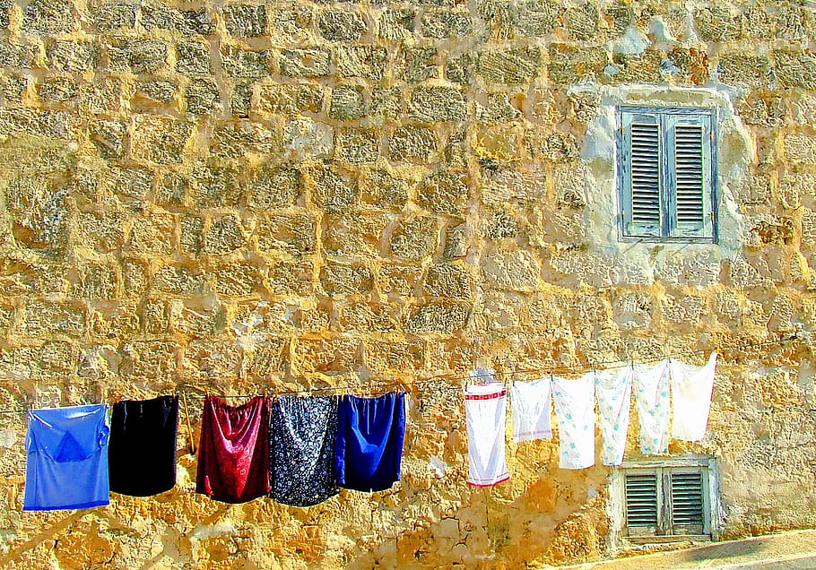 assorted, clothes, hanging, gray, string, daytime, hanging on, washing day, washing, mediterranean scene