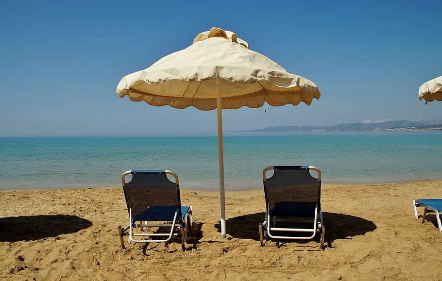 lounge chairs, shore, parasol, sun lounger, sea, beach, summer, holidays, umbrella, sun