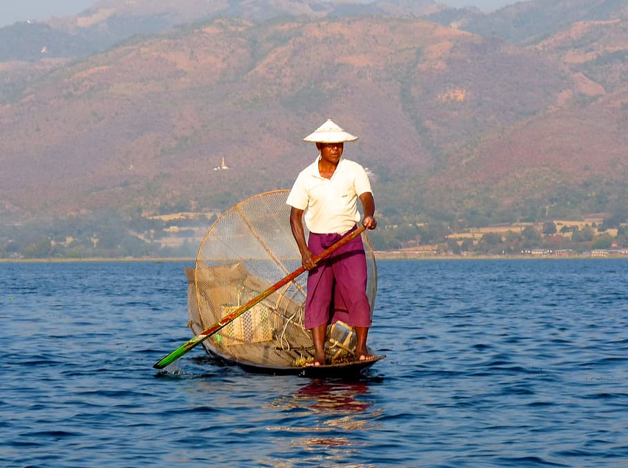 man, riding, boat, fisherman, burma, fishing, net, paddle, traditional, balance