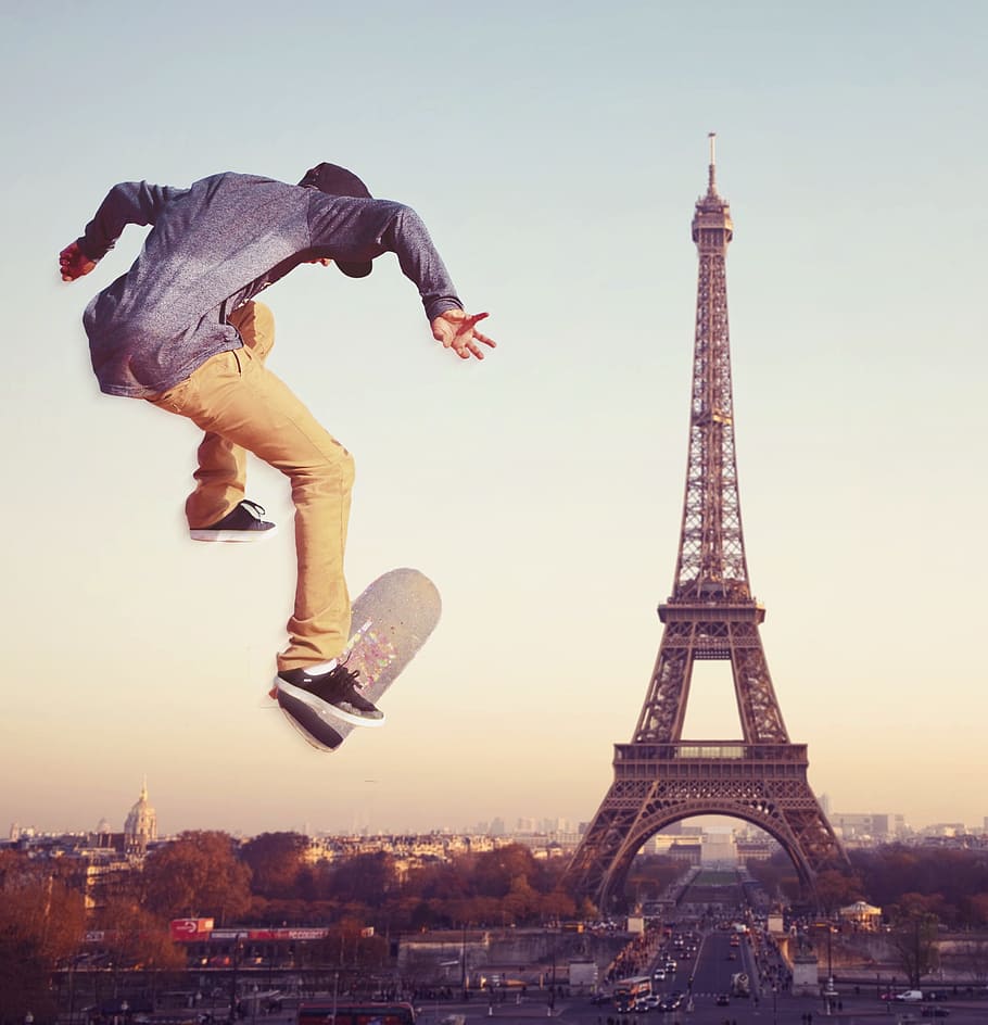 city, paris, eiffel tower, skateboard, jump, daredevil, architecture, built structure, sky, travel destinations