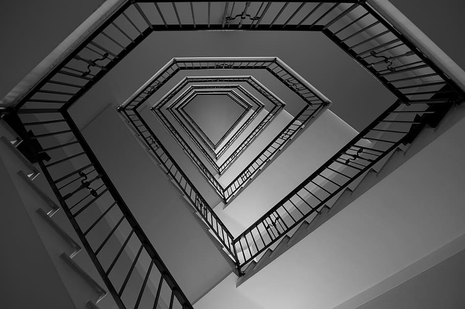 art deco, black white, staircase, architecture, railing, perspective, built structure, spiral, steps and staircases, low angle view
