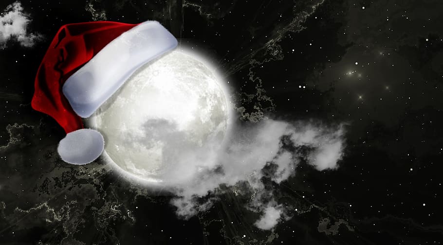 lua, decoração do chapéu de papai noel, chapéu de papai noel, natal, nicholas, papai noel, motivo de natal, cartão de felicitações, tempo de natal, saudação de natal