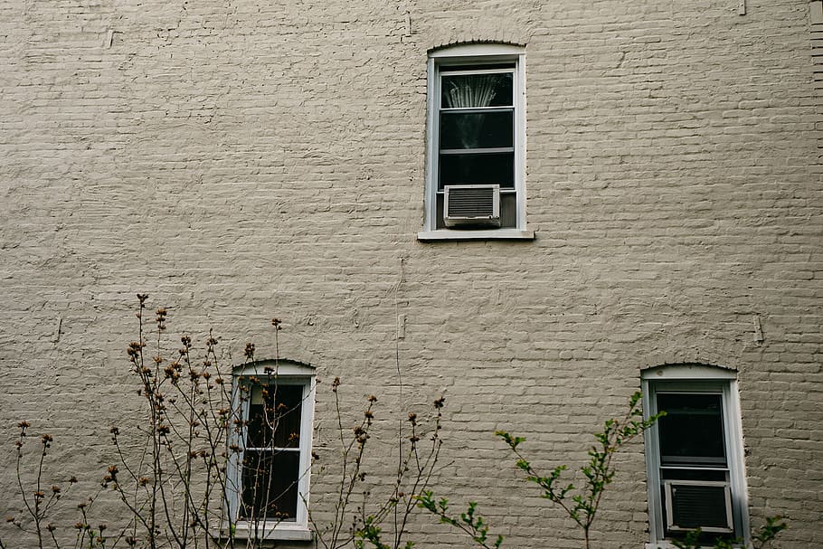 two, white, window-type ac, glass windows, photography, brown, concrete, wall, bricks, windows