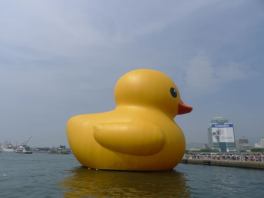 duck, yellow duck, kaohsiung, harbor, water, yellow, waterfront, rubber duck, animal representation, floating