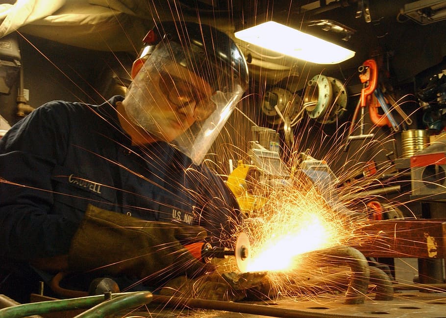 man, wearing, white, welding helmet, welding pipe, construction, worker, metal, grinder, labor