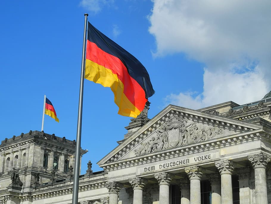 germany flag, cloudy, sky, daytime, reichstag, the german volke, germany, government district, berlin, government