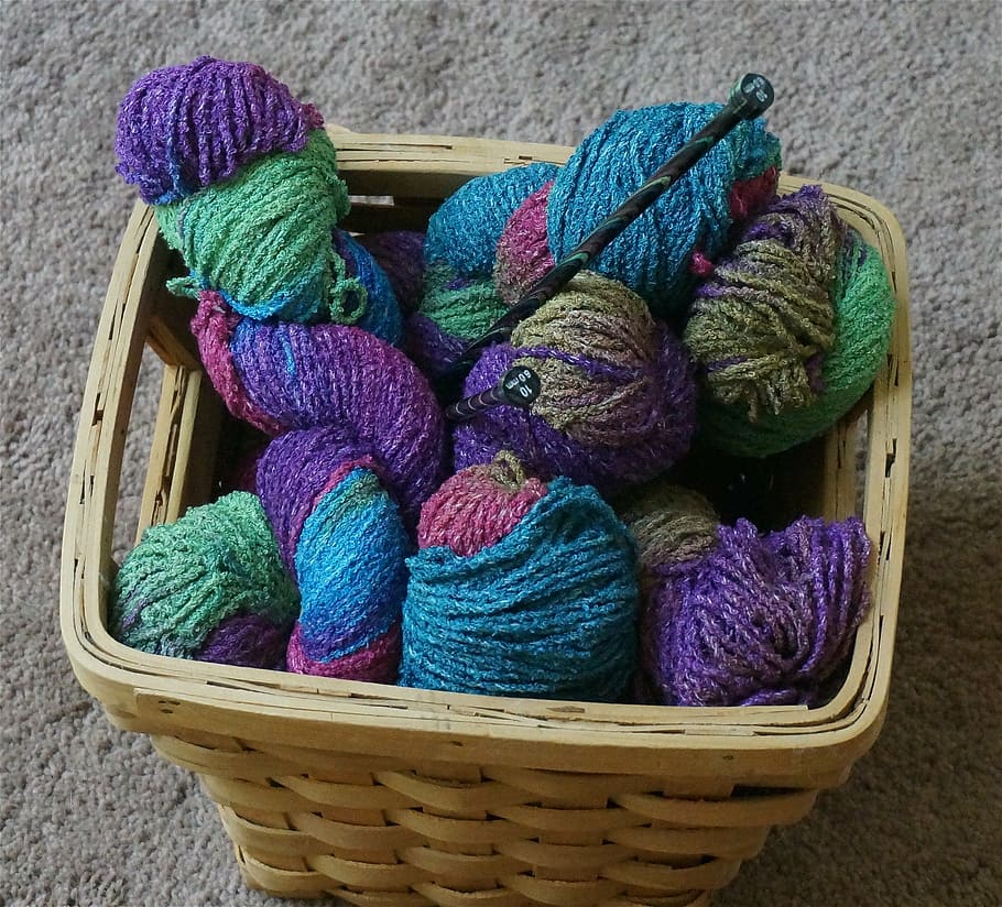 knitting basket, knitting, yarn, variegated, wool, knitting needles, colorful, craft, handicraft, textile