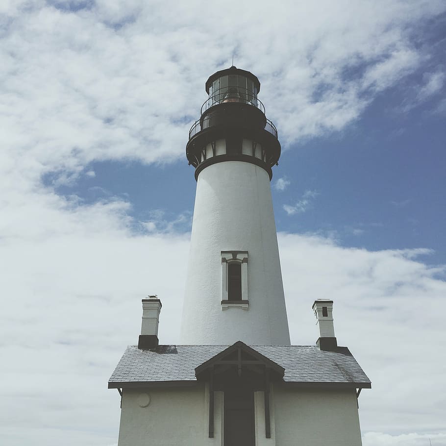 white, lighthouse, clear, sky, black, day, time, architecture, clouds, cloud - sky