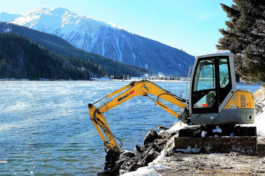 excavator, mountains, snow, lake, beach, landscape, winter, frost, tree, nature