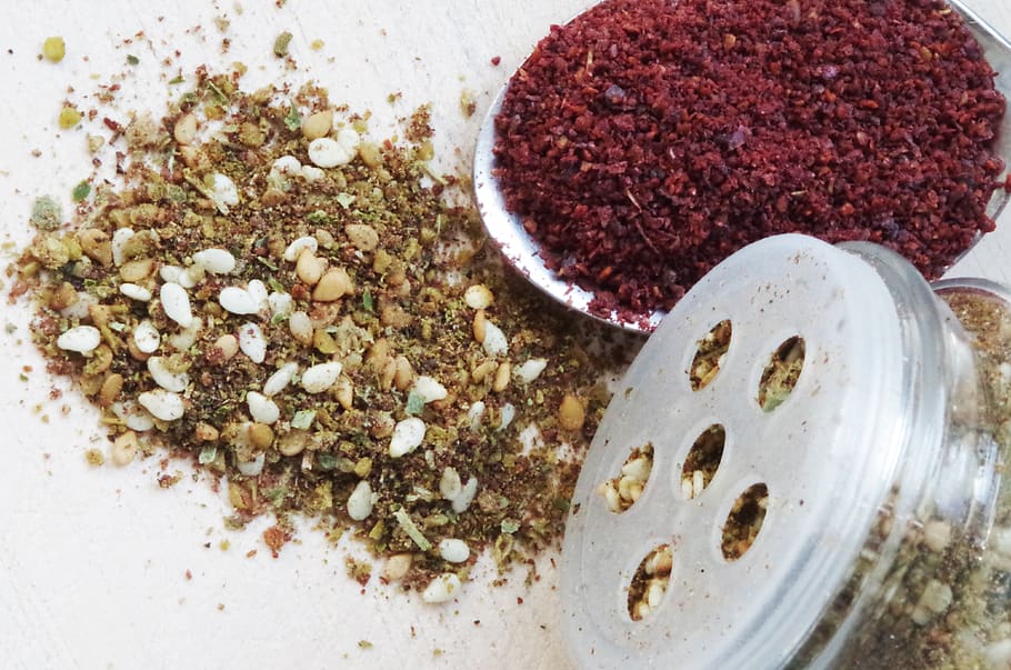 sumac lever, zaatar, pepper, middle eastern, mixture, food, food and drink, indoors, still life, close-up