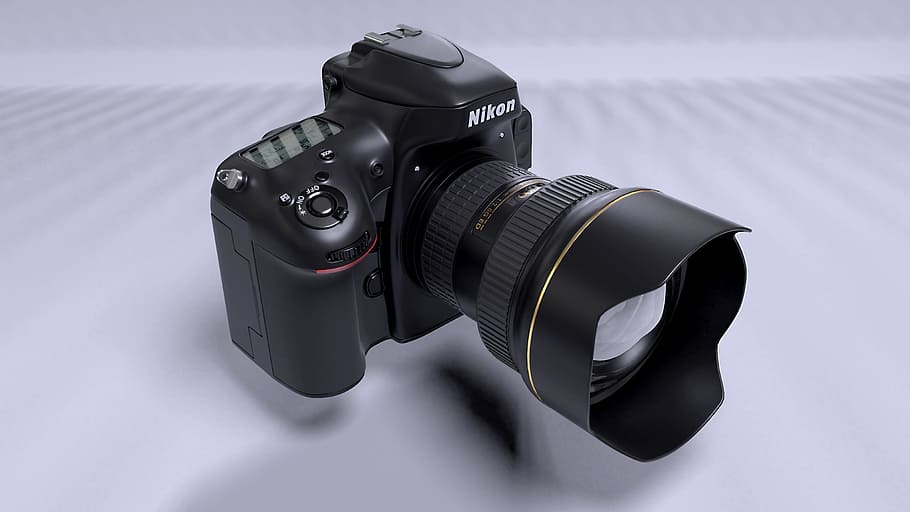 black, nikon dslr camera, nikon, camera, photography, digital, photo camera, lens, close, 3d model