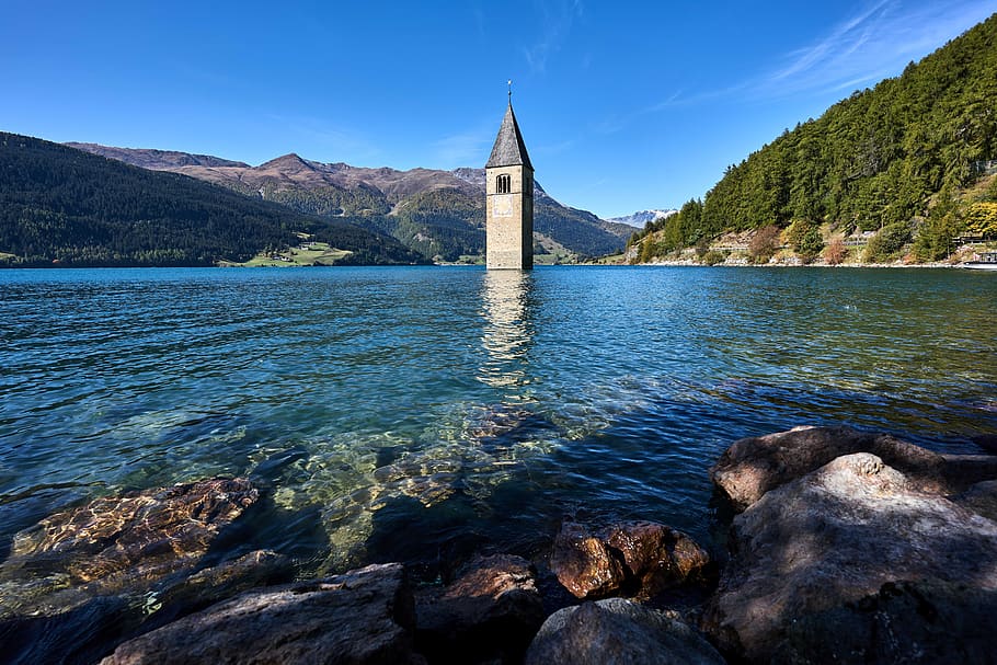 Reschensee, Tirol del Sur, Italia, lago, montañas, paisaje, agua, vacaciones, iglesia, campanario