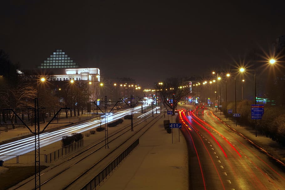 都市, 夜, 光, 冬, 通り, 輸送, 路面電車, ワルシャワ, ポーランド, 独立の道