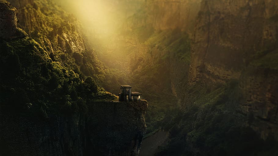 canyon, gorge, church, abyss, trees, rock, woodhouse, fantasy, fantastic, stunning