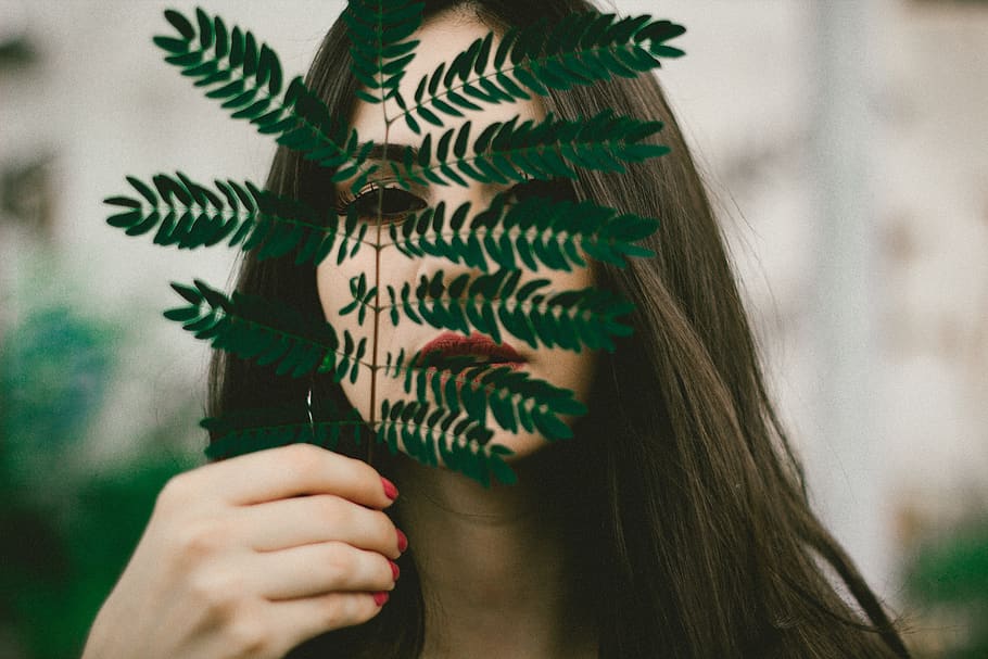 people, girl, woman, makeup, green, leaf, plant, nature, beauty, blur