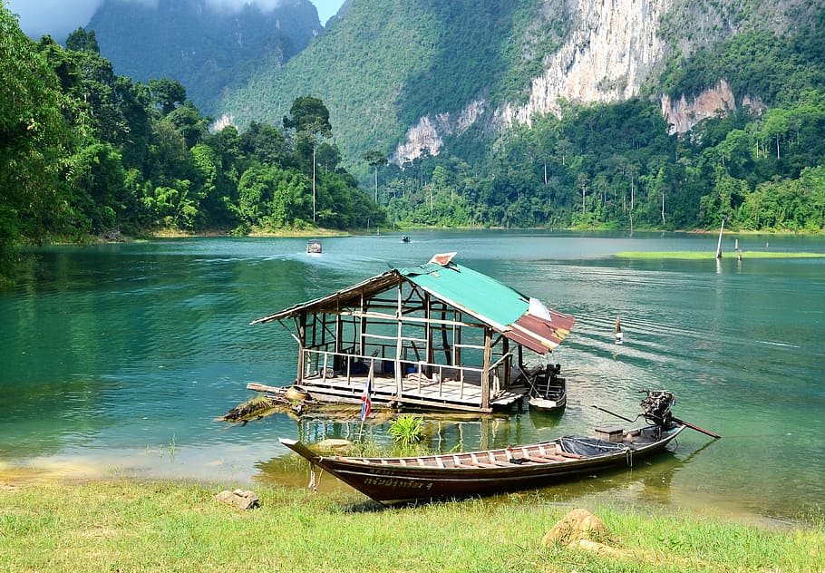 coklat, perahu motor, tepi sungai, Thailand, Khao Sok, Taman Nasional, surat thani, hutan hujan, rumah terapung, thailand selatan