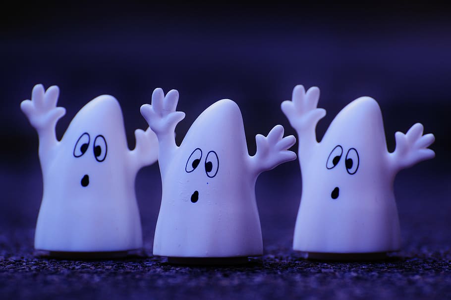 three, ghost characters illustration, ghost, ghosts, funny, plastic, toys, cute, fun, figure