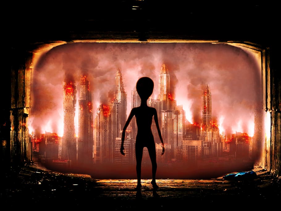 invasão, alienígena, futurista, terra, aniquilação, planeta, destruição, uma pessoa, arquitetura, vista traseira