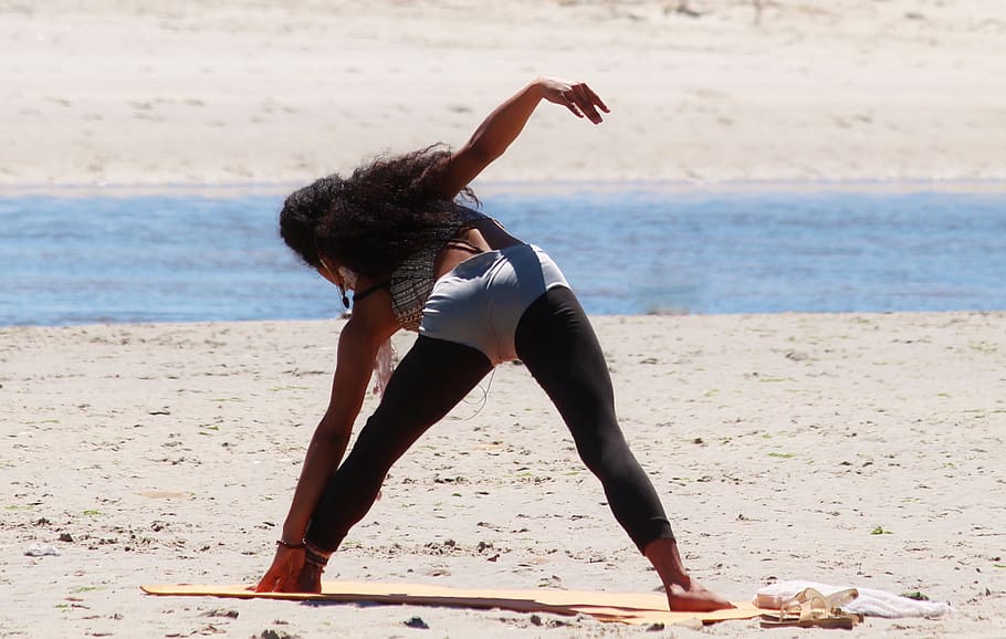 woman, yoga, relaxation, beach, sea, sand, gymnastics, stretching, stretch, stretchable