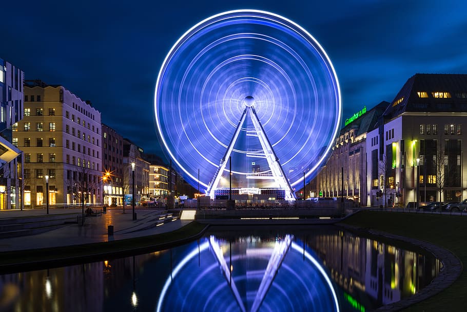 ferris wheel, christmas, düsseldorf, night, amusement park, architecture, illuminated, amusement park ride, water, building exterior
