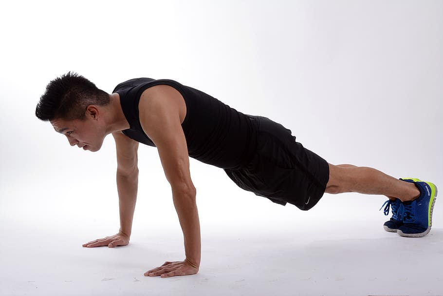 man, performing, push, ups, burpee, plank position, iron, sport, body, exercising
