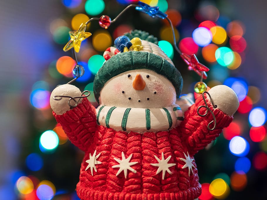 christmas, snowman, lights, tree, bokeh, xmas, decoration, holiday, representation, celebration