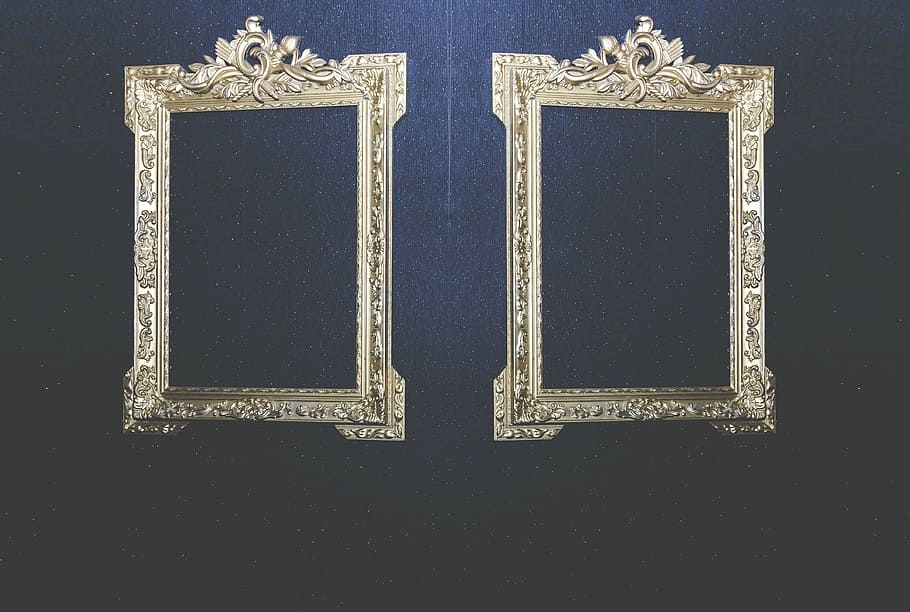 two, rectangular, gray, photo frames, pair, gold, ornate, frames, black, surface