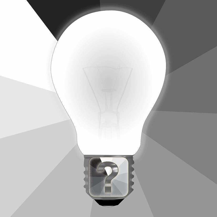 branco, ilustração de lâmpada, pergunta, bulbo, idéia, ponto de interrogação, solução, questionário, teste, exame