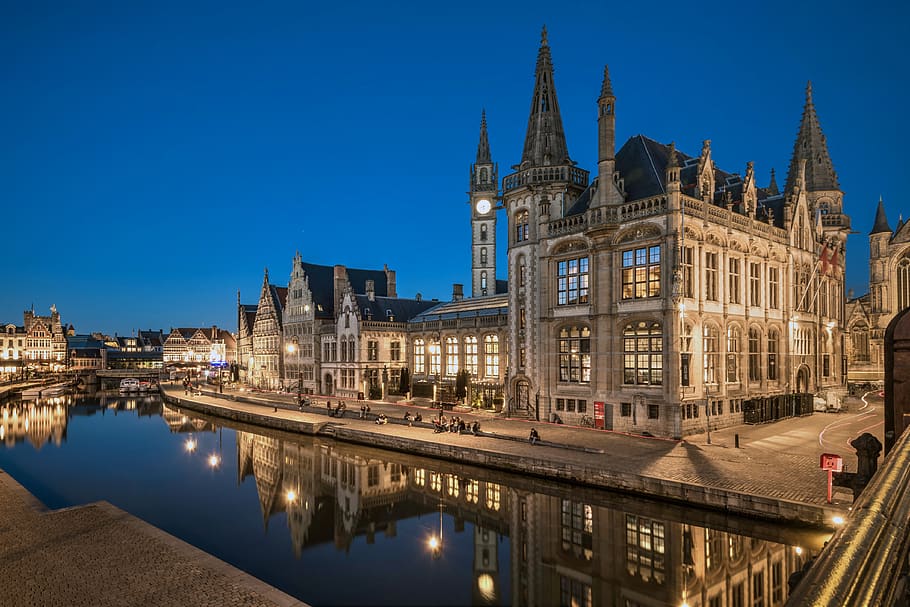 gent, mirroring, water basin, belgium, channel, canal, romantic, bank, historically, city view